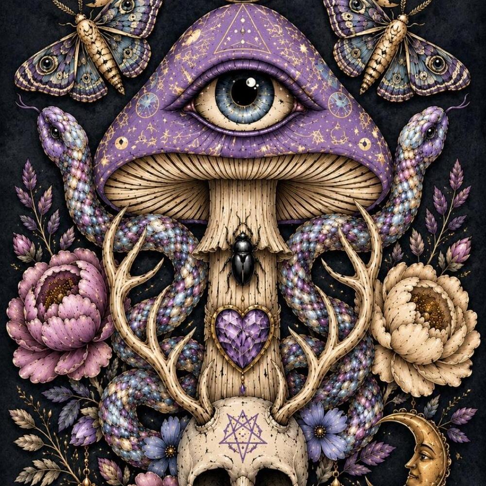 8x10 Framed Mystical Mushroom & Skull Art Print – Witchy Botanical Wall Art